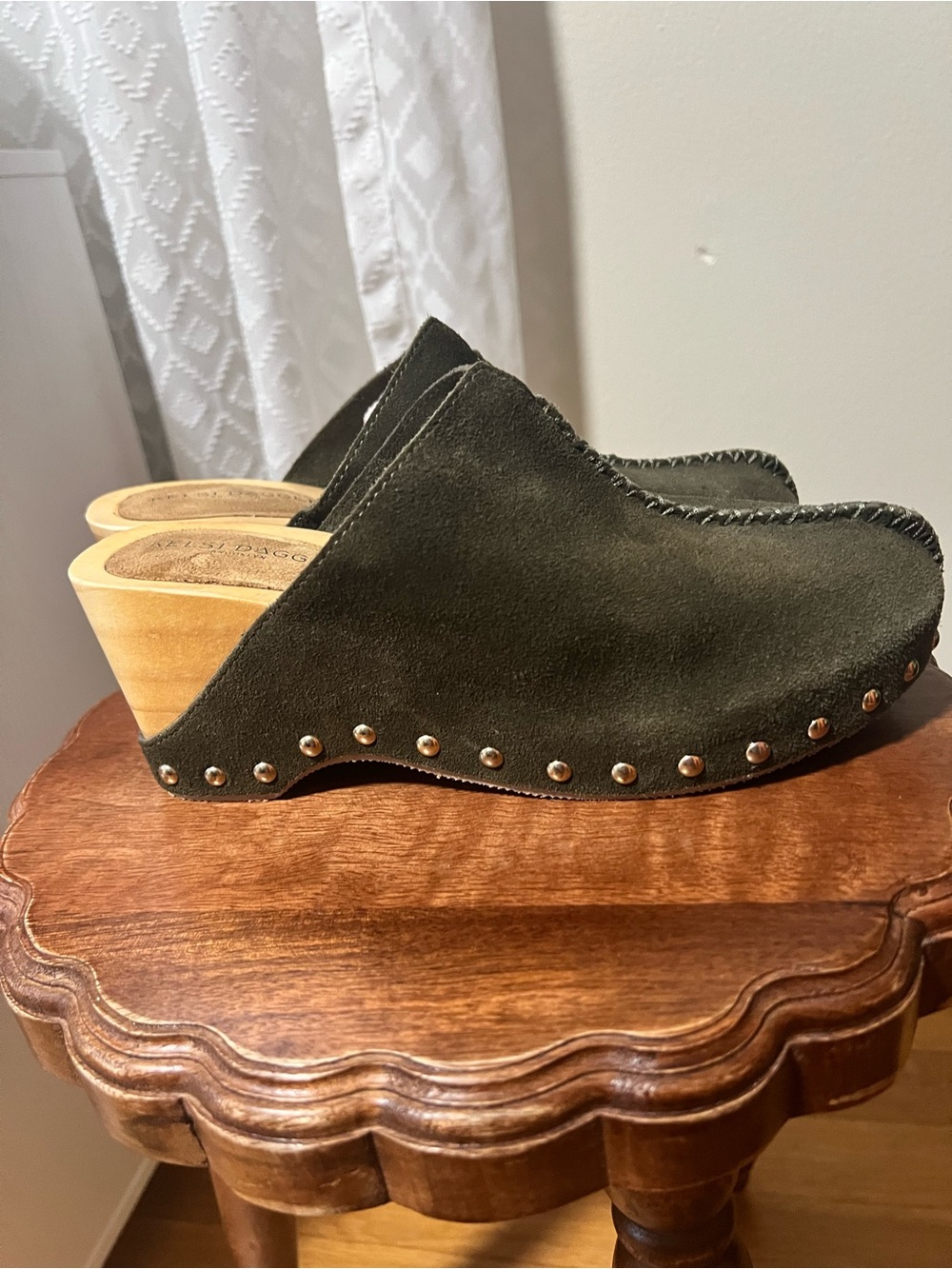 Kelsi Dagger Olive Suede Studded Wedge Clogs